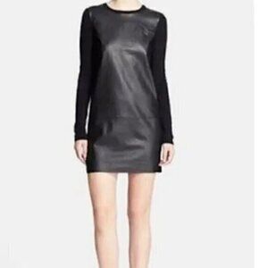 VINCE Women’s Leather/Merino Wool Sweater Dress Solid Black  Long Sleeve Medium